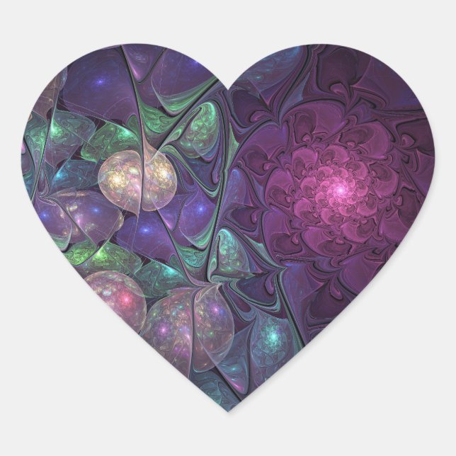 Colourful Glittering Modern Abstract Fractal Art Heart Sticker (Front)