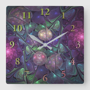 Colourful Glittering Modern Abstract Fractal Art Square Wall Clock