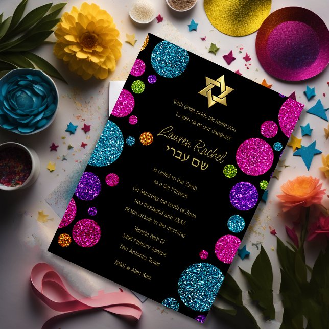 Colourful Glittery Dots on Any Colour Bat Mitzvah Invitation (Creator Uploaded)