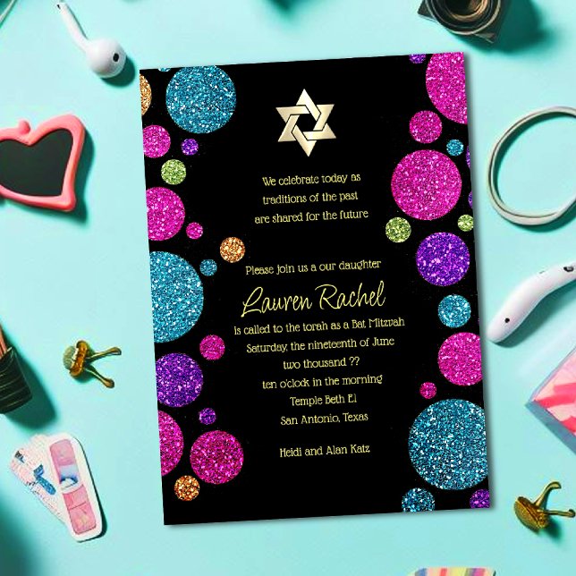 Colourful Glittery Dots on Any Colour Bat Mitzvah Invitation (Creator Uploaded)