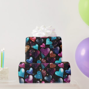 Colourful glittery hearts pattern wrapping paper