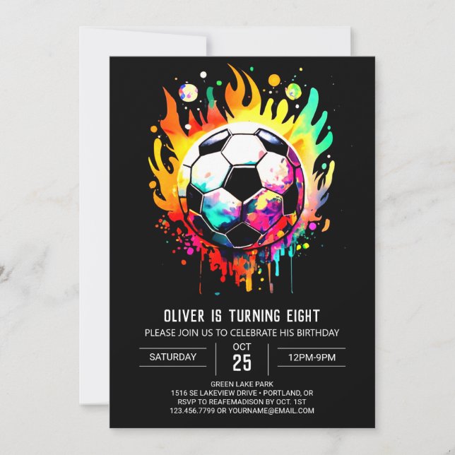 Colourful Goal Watercolor Soccer Birthday Invitation (Front)