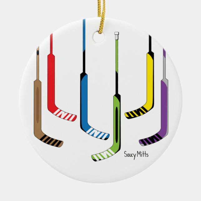 Colourful Goalie Hockey Sticks Ceramic Tree Decoration (Front)