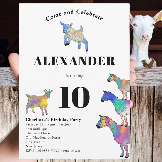 Colourful Goats 10th Birthday Party Invitation (Cute Goat themed colorful farm animal art 10th birthday party invitation )