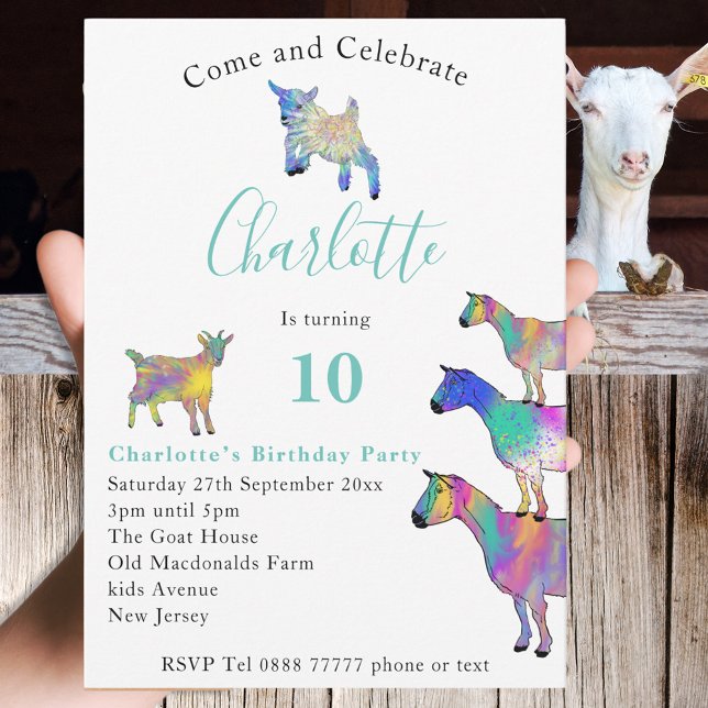 Colourful Goats Cute Animals 10th Birthday  (Cute goats farm animal themed 10th birthday party invitation with colorful animal art)