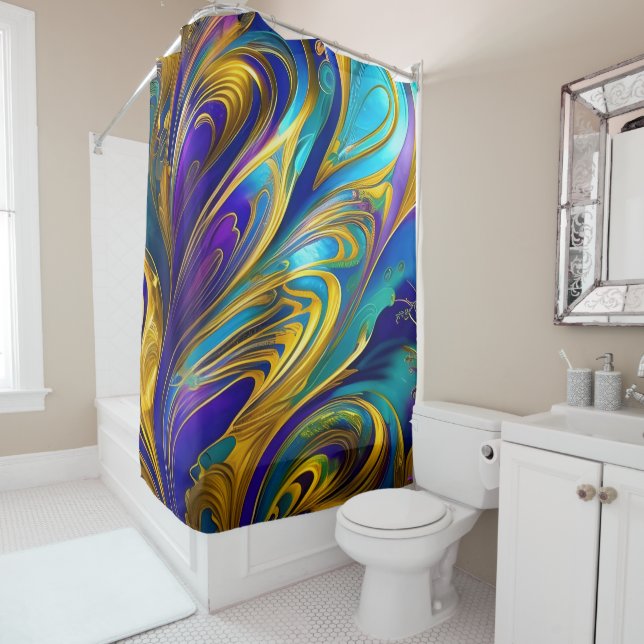 Colourful Gold Abstract Blue Purple Ribbons Shower Curtain (In Situ)