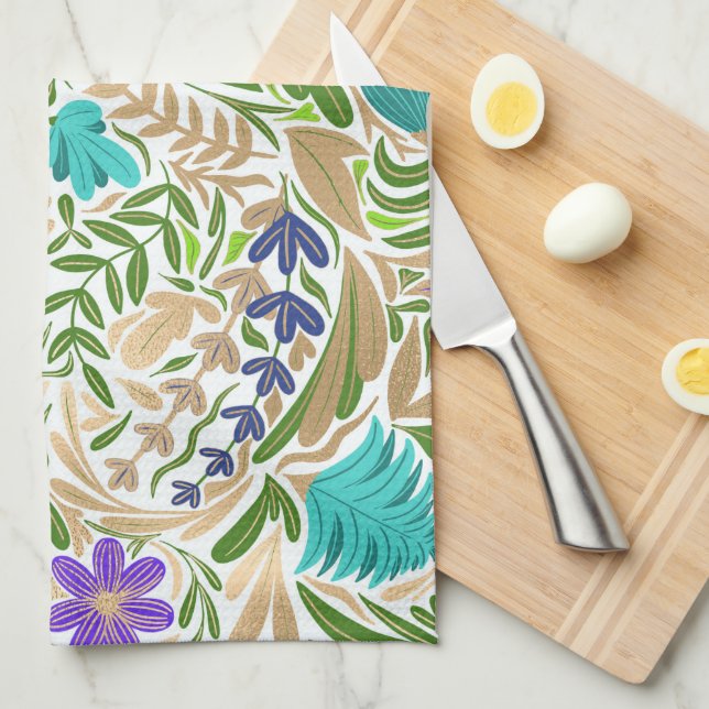 Colourful Gold Floral Leaf Illustration Pattern Tea Towel (Quarter Fold)