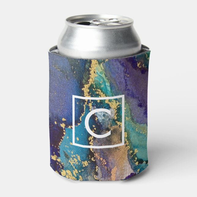 Colourful Gold Marbled Monogram Liquid Abstract Ar Can Cooler (Can Front)