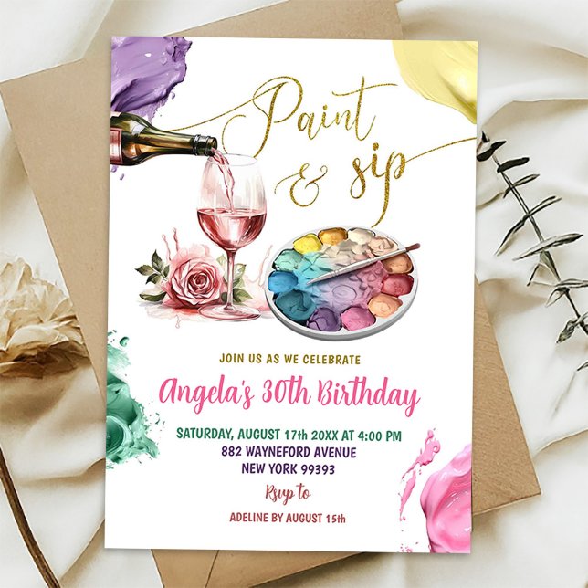 Colourful Gold Paint and Sip Adult Birthday Party Invitation (Creator Uploaded)