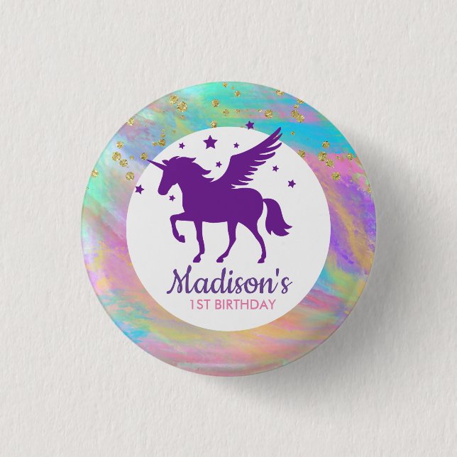 Colourful Gold Speckled Purple Unicorn Birthday 3 Cm Round Badge (Front)