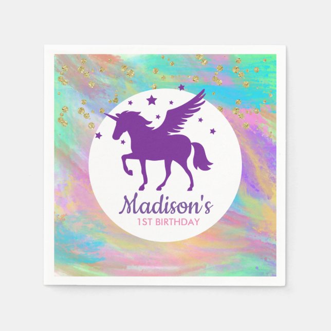 Colourful Gold Speckled Purple Unicorn Birthday Napkin (Front)