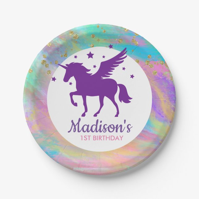 Colourful Gold Speckled Purple Unicorn Birthday Paper Plate (Front)