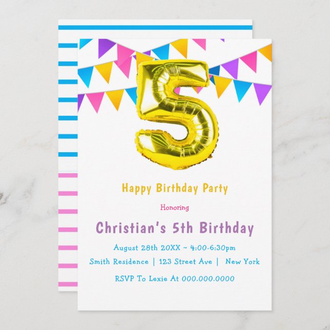 Colourful Golden 5th Birthday Invitations (Front/Back)