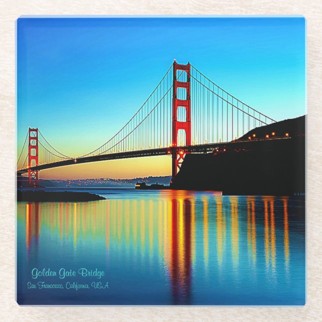 Colourful Golden Gate Bridge Sunset Blue Teal Glass Coaster (Front)