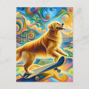 Colourful Golden Retriever Skateboarding  Postcard