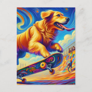 Colourful Golden Retriever Skateboarding Postcard