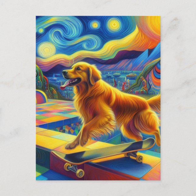 Colourful Golden Retriever Skateboarding Van Gogh Postcard (Front)