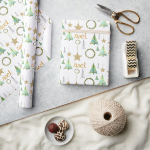 Colourful Golden Stars Pine Tree Watercolor Patter Wrapping Paper
