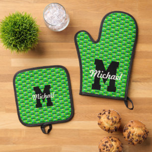 Colourful Golf Pattern Monogram Tee Off Name Sport Oven Mitt & Pot Holder Set