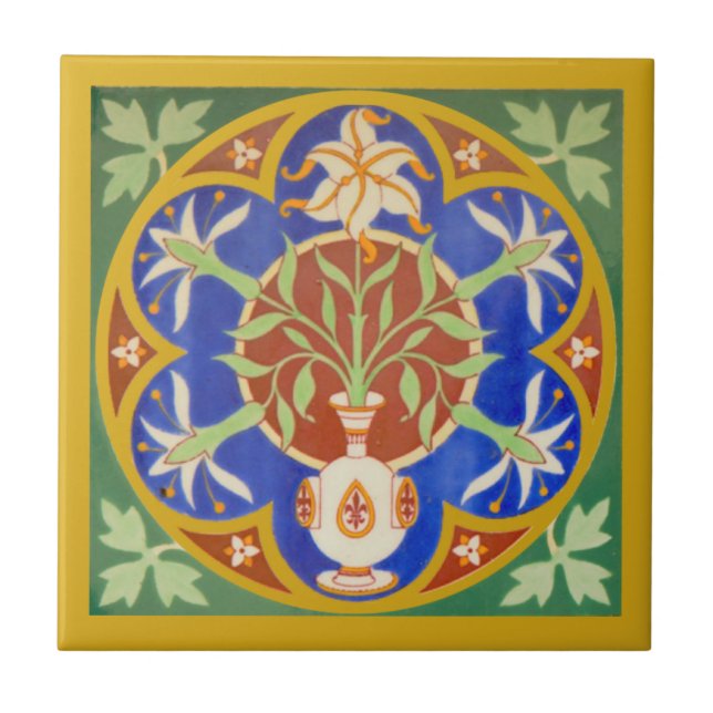 Colourful Gothic Revival TIle Lilies Fleur des Lis (Front)