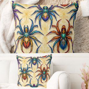 Colourful Gothic Spider Pattern with Webs on white Cushion