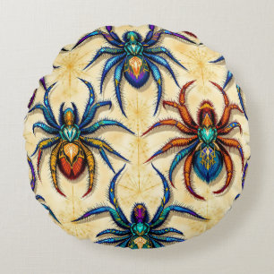 Colourful Gothic Spider Pattern with Webs on white Round Cushion
