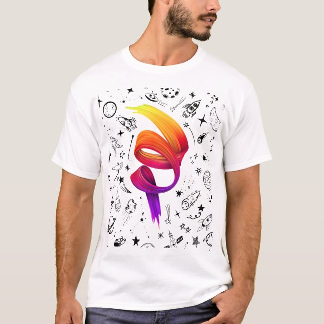 Colourful Gradient Brush Art with Space Doodles T-Shirt (Front)