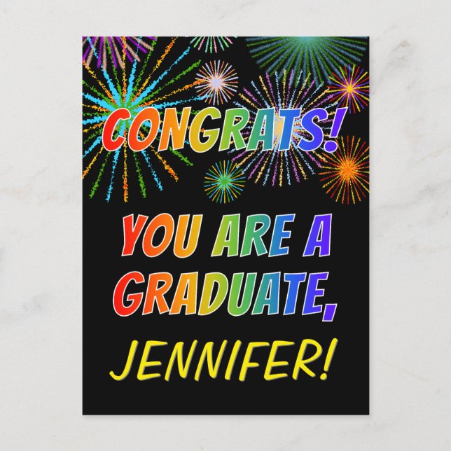Colourful Graduation Congratulations + Custom Name Postcard (Front)