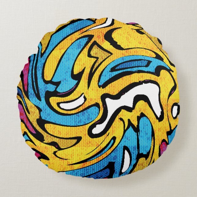 Colourful Graffiti Abstract Black Background Round Cushion (Front)
