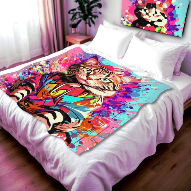 Colourful Graffiti Cat A Burst of Feline Artistry Fleece Blanket (Vibrant colorful graffiti cat blanket)