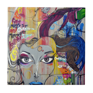 Colourful Graffiti of Woman with Tags Tile