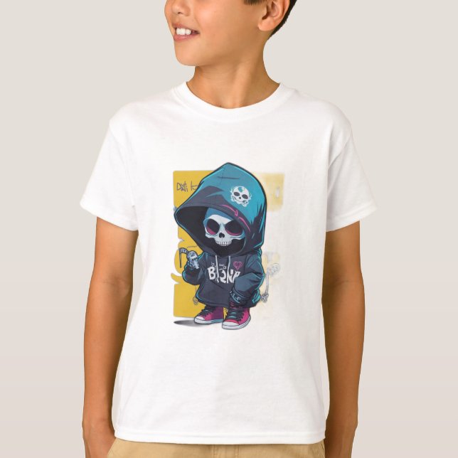 Colourful Graffiti Style Chibi Skull in Hood T-Shirt (Front)