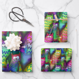 Colourful Graphic Art Cats with Grins 3 Gift Wrapping Paper Sheet