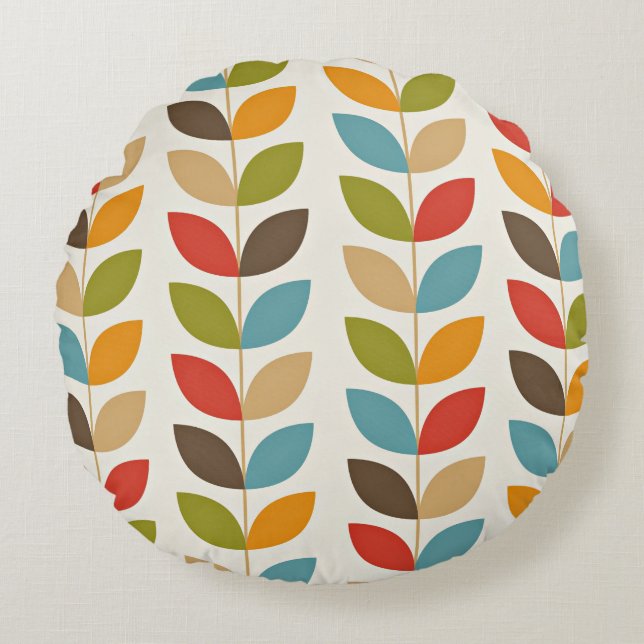 Colourful graphic leaves pattern round cushion (Front)
