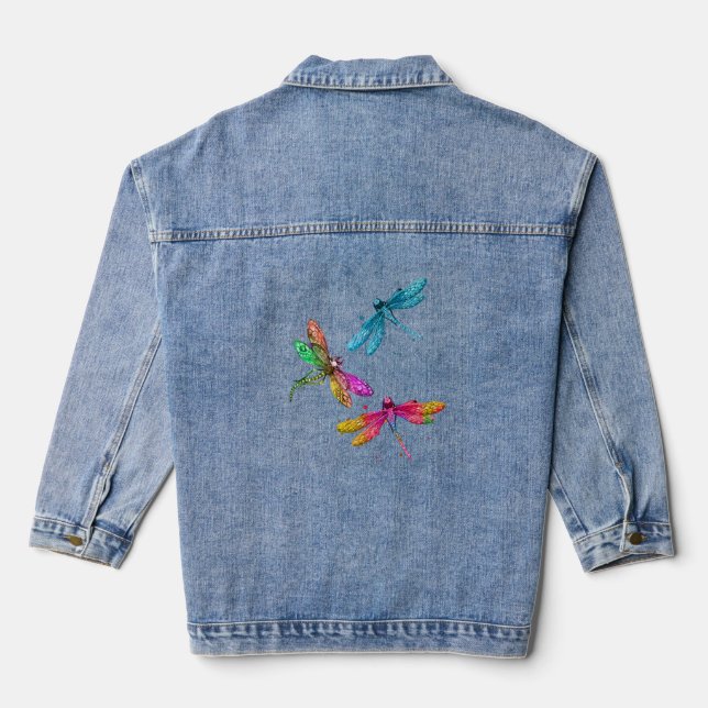 Colourful Graphic Pattern Dragonfly Funny Flying Denim Jacket (Back)