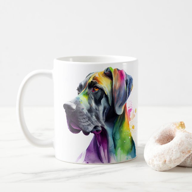 Colourful Great Dane Dog  Pet Coffee Mug, Cup (With Donut)