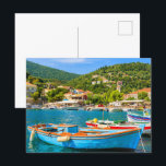 Colourful Greek fishing boats in port of Kioni Postcard<br><div class="desc">Colourful Greek fishing boats in the port of Kioni on the island of Ithaca,  Greece. Attractive design gives a feeling of vitality and adds beauty to the product.</div>