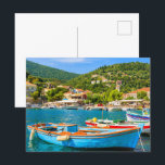 Colourful Greek fishing boats in port of Kioni Postcard<br><div class="desc">Colourful Greek fishing boats in the port of Kioni on the island of Ithaca,  Greece. Attractive design gives a feeling of vitality and adds beauty to the product.</div>