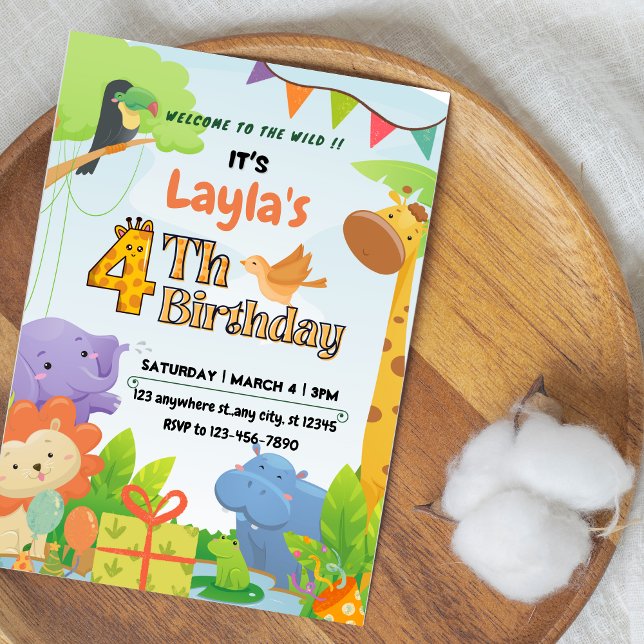 Colourful Green and Yellow Cute Safari Themed Invitation (Cute Safari Themed 4th Birthday Invitation for Kids)