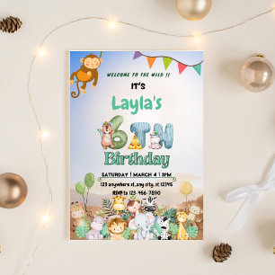 Colourful Green & Blue Safari 6th Birthday Invite