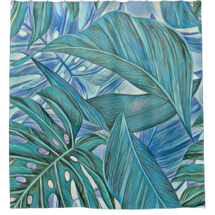 Colourful green blue tropical leaves watercolor shower curtain