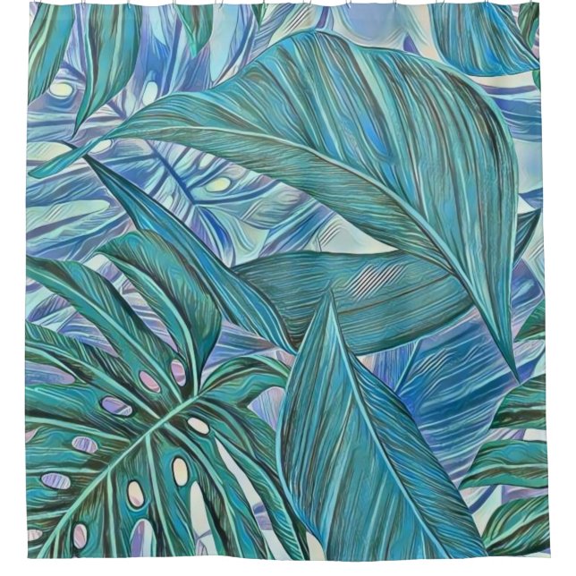 Colourful green blue tropical leaves watercolor shower curtain (Front)