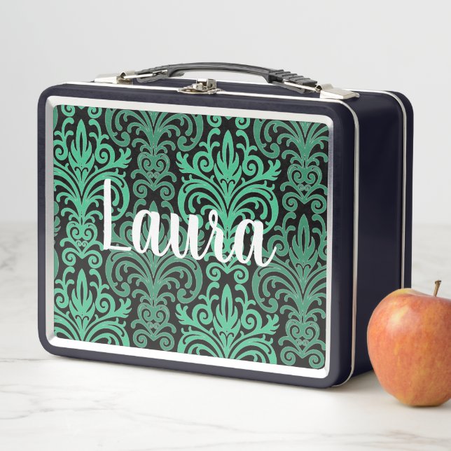 Colourful Green Damask Pattern Metal Lunch Box (In Situ)