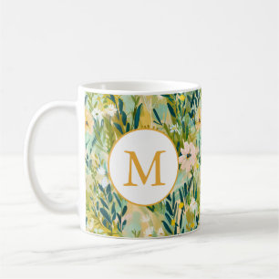 Colourful Green Flower Watercolor Pattern Monogram Coffee Mug
