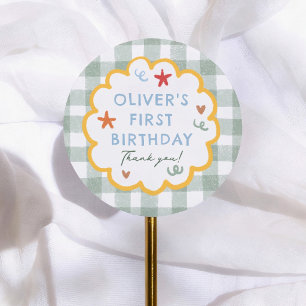 Colourful Green Gingham 1st Birthday Thank You Classic Round Sticker