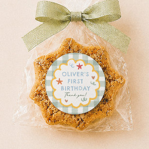 Colourful Green Gingham 1st Birthday Thank You Classic Round Sticker