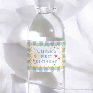 Colourful Green Gingham 1st Birthday Water Bottle Label