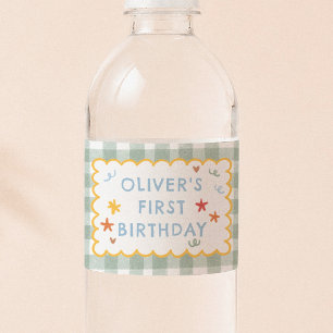 Colourful Green Gingham 1st Birthday Water Bottle Label
