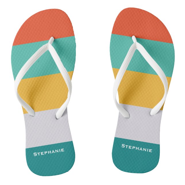 Colourful Green Grey Orange Abstract Stripes Name Jandals (Footbed)