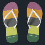 Colourful Green Orange Brown Abstract Stripes Name Jandals<br><div class="desc">The typography text of the colourful design is customisable and can be personalised with a person's name or another word. You can change the font, font colour, font size, letter spacing, colour of the abstract stripes and reposition the text using the Design Tool. The design is yours to customise as...</div>